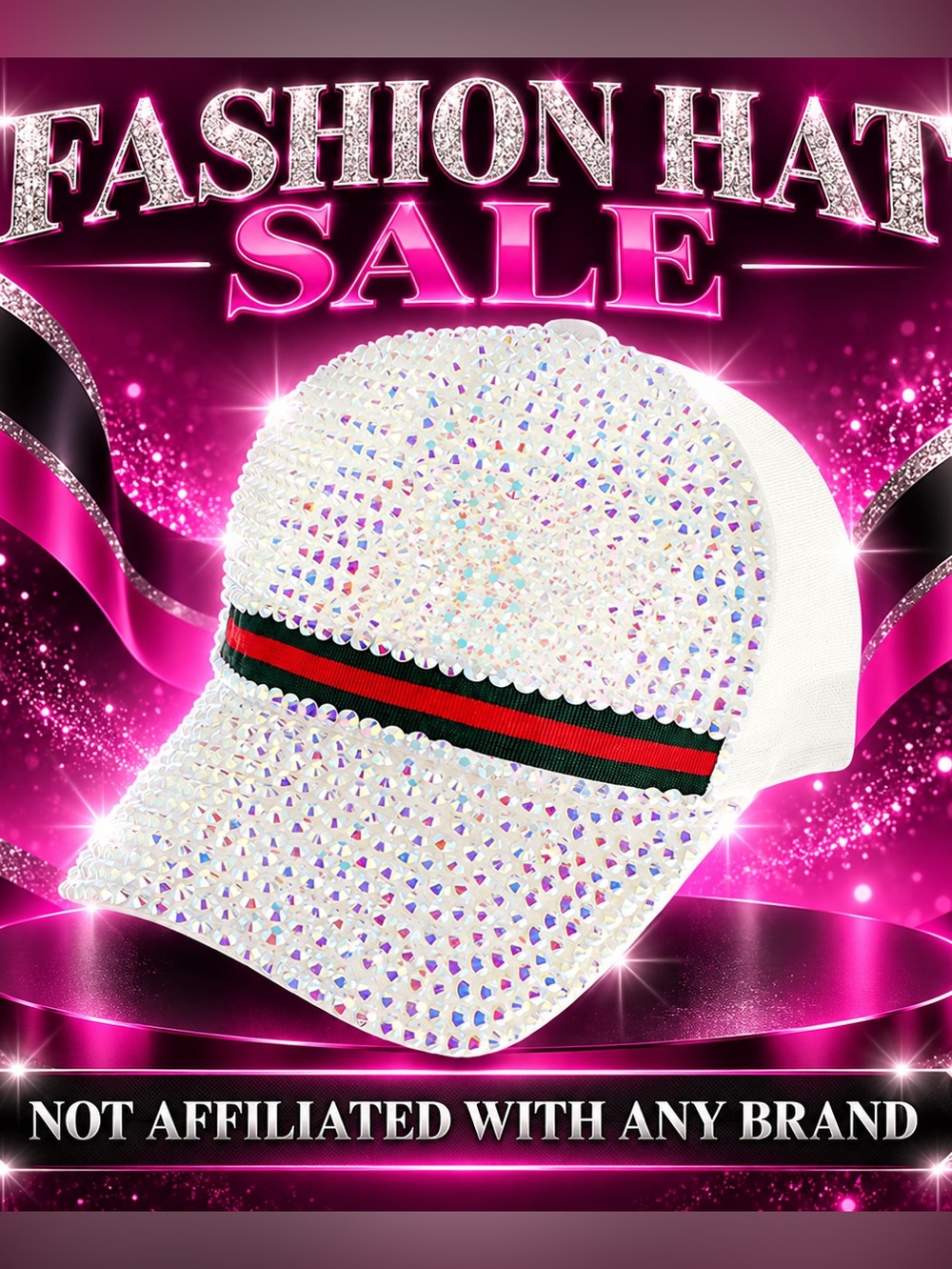 Crystal Embellished White Baseball Cap with Red & Green Stripe